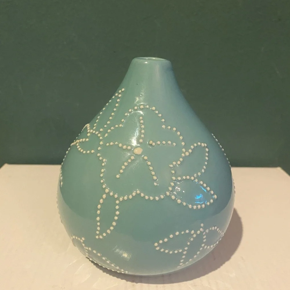 Crate & Barrel Turquoise Vase with Dot Flower Design